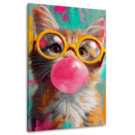 Gatto con occhiali gialli e gomma da masticare Pop Art quadro