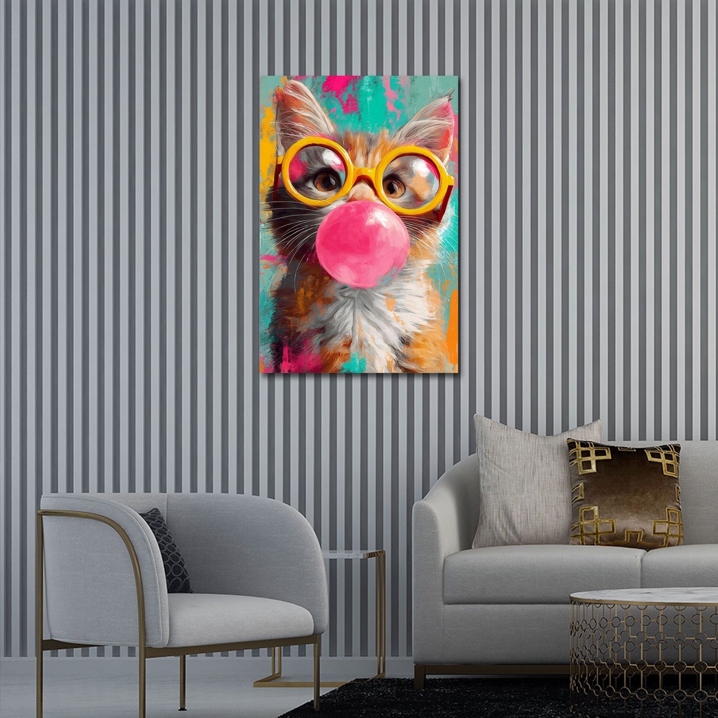 Gatto con occhiali gialli e gomma da masticare Pop Art quadro