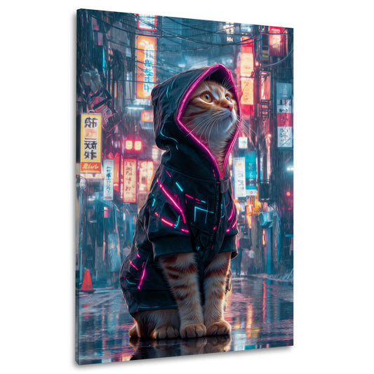 Gatto cyberpunk felpa neon città futuristica pioggia quadro