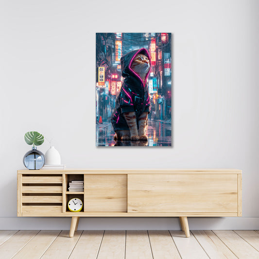 Gatto cyberpunk felpa neon città futuristica pioggia quadro