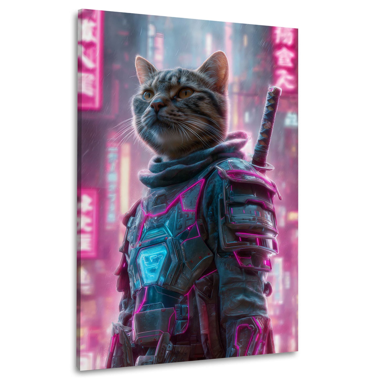 Gatto cyberpunk samurai neon città futuristica Pop Art quadro