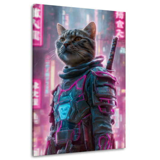 Gatto cyberpunk samurai neon città futuristica Pop Art quadro