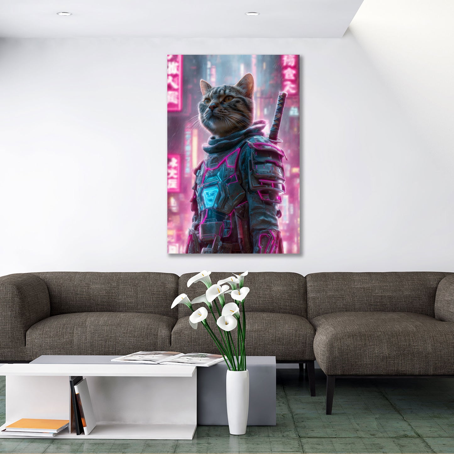 Gatto cyberpunk samurai neon città futuristica Pop Art quadro
