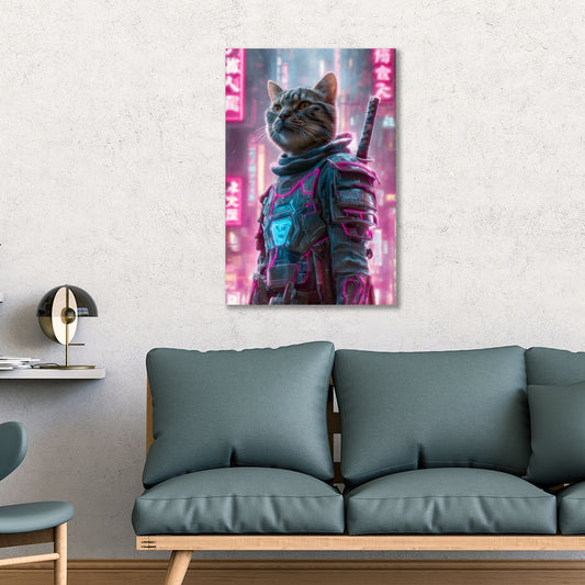 Gatto cyberpunk samurai neon città futuristica Pop Art quadro