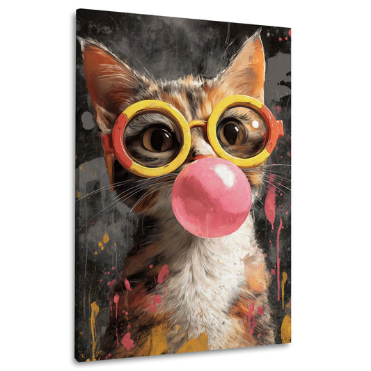 Gatto Pop Art con occhiali e grande bolla di gomma quadro