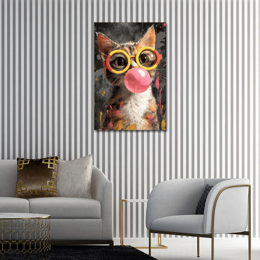 Gatto Pop Art con occhiali e grande bolla di gomma quadro