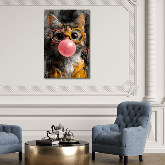 Gatto Pop Art con occhiali rotondi e bolla rosa quadro