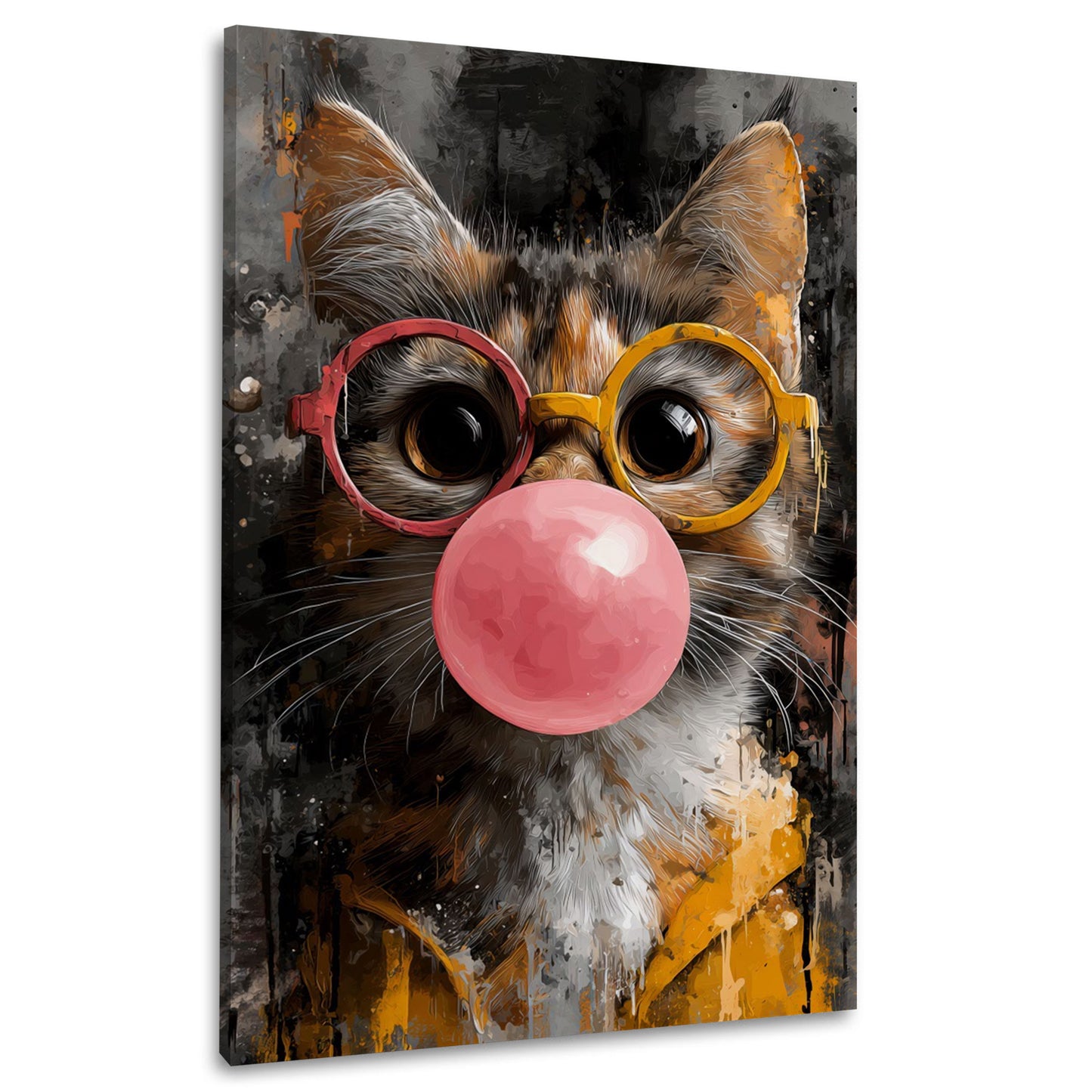 Gatto Pop Art con occhiali rotondi e bolla rosa quadro