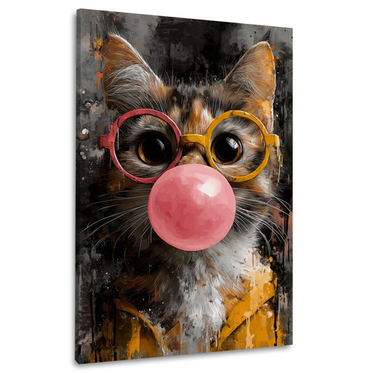 Gatto Pop Art con occhiali rotondi e bolla rosa quadro