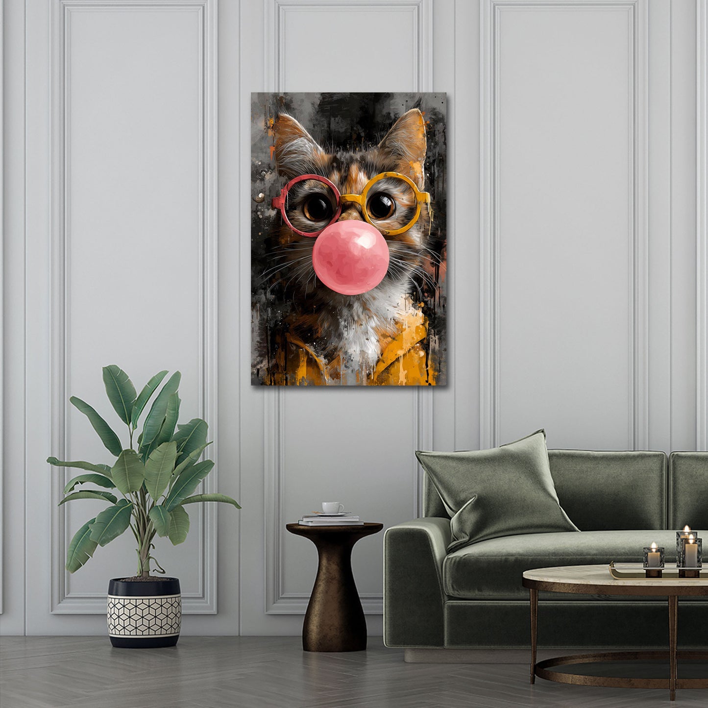 Gatto Pop Art con occhiali rotondi e bolla rosa quadro