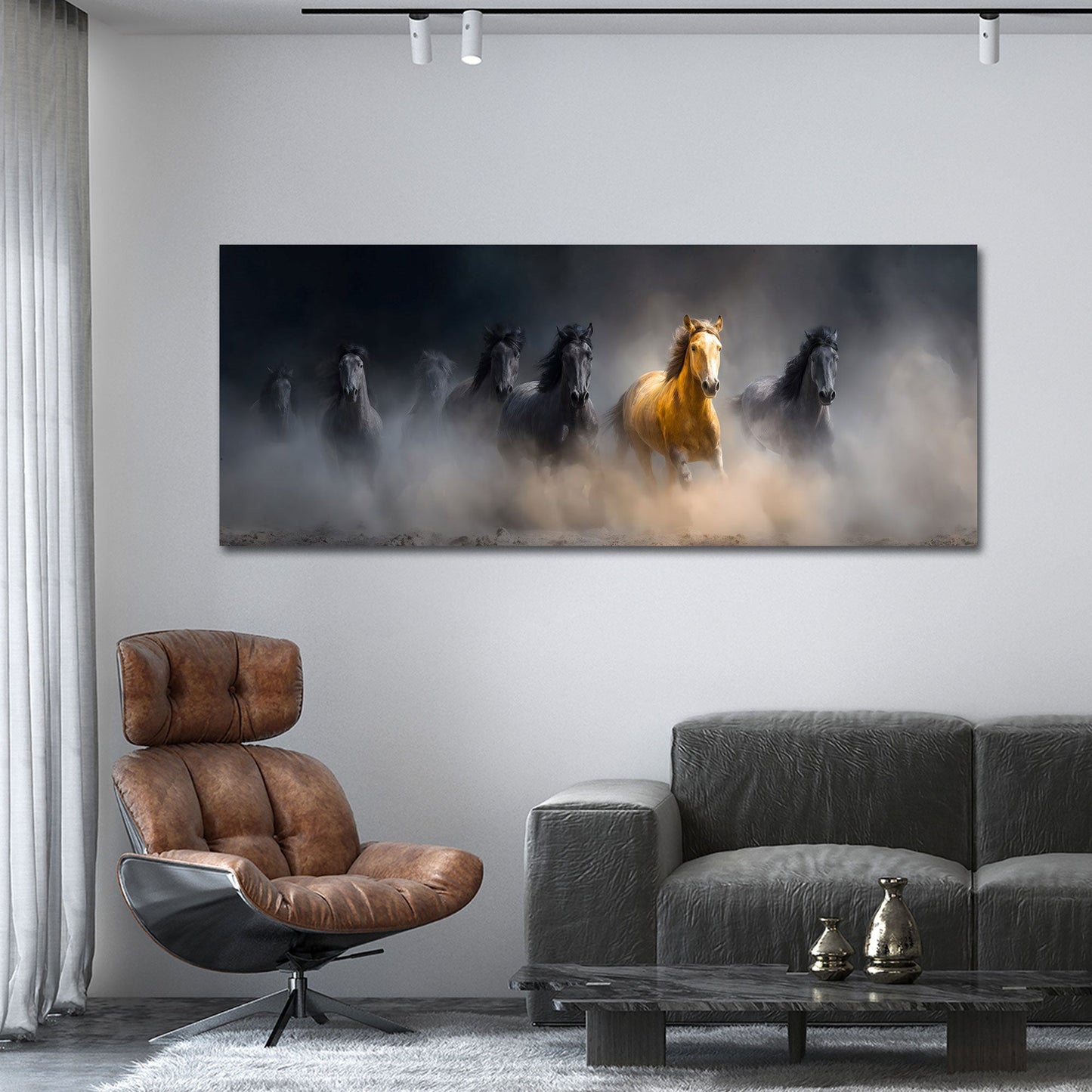 Cavallo dorato guida la mandria nella nebbia quadro
