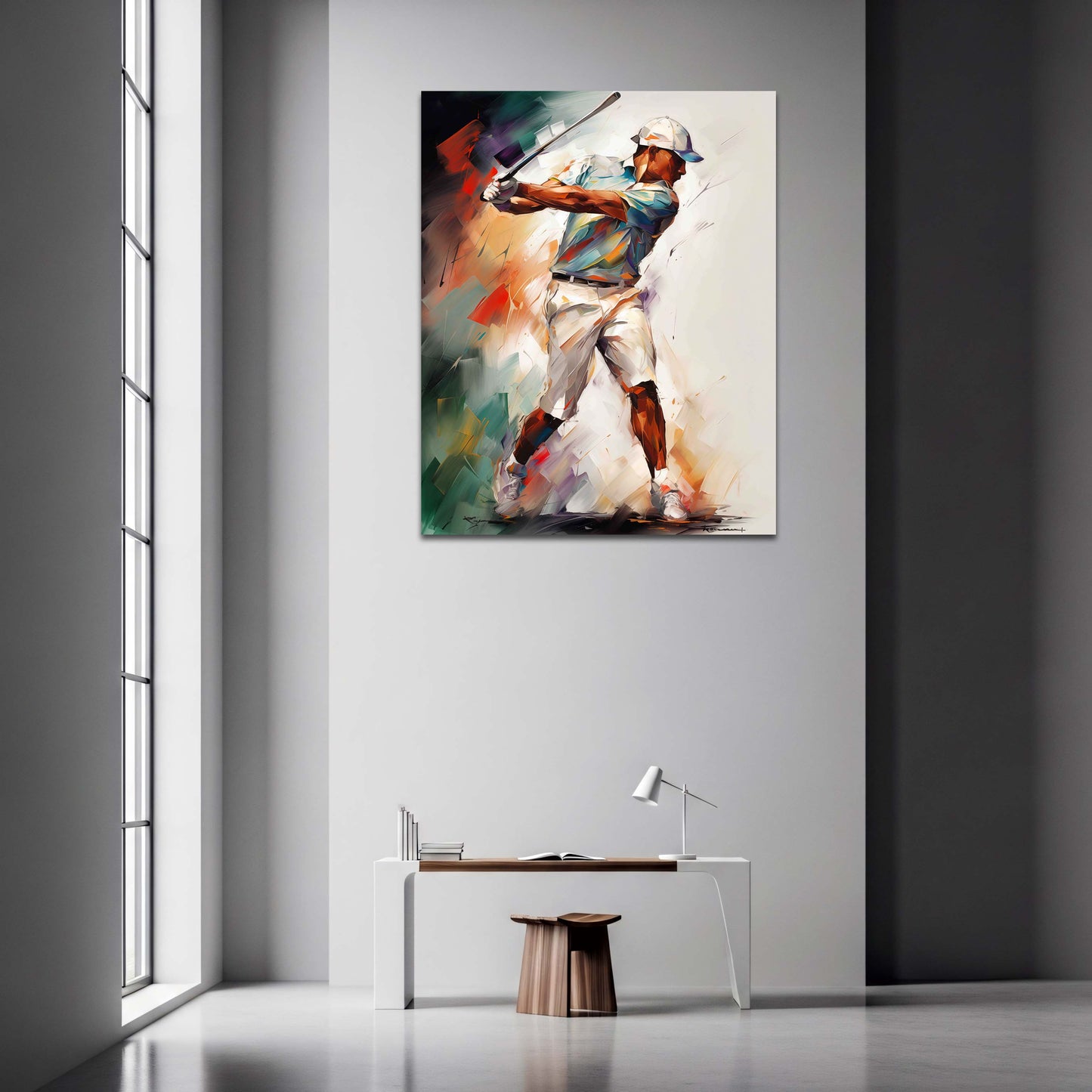 Golfista colpo di partenza sport dinamico pittura astratta quadro