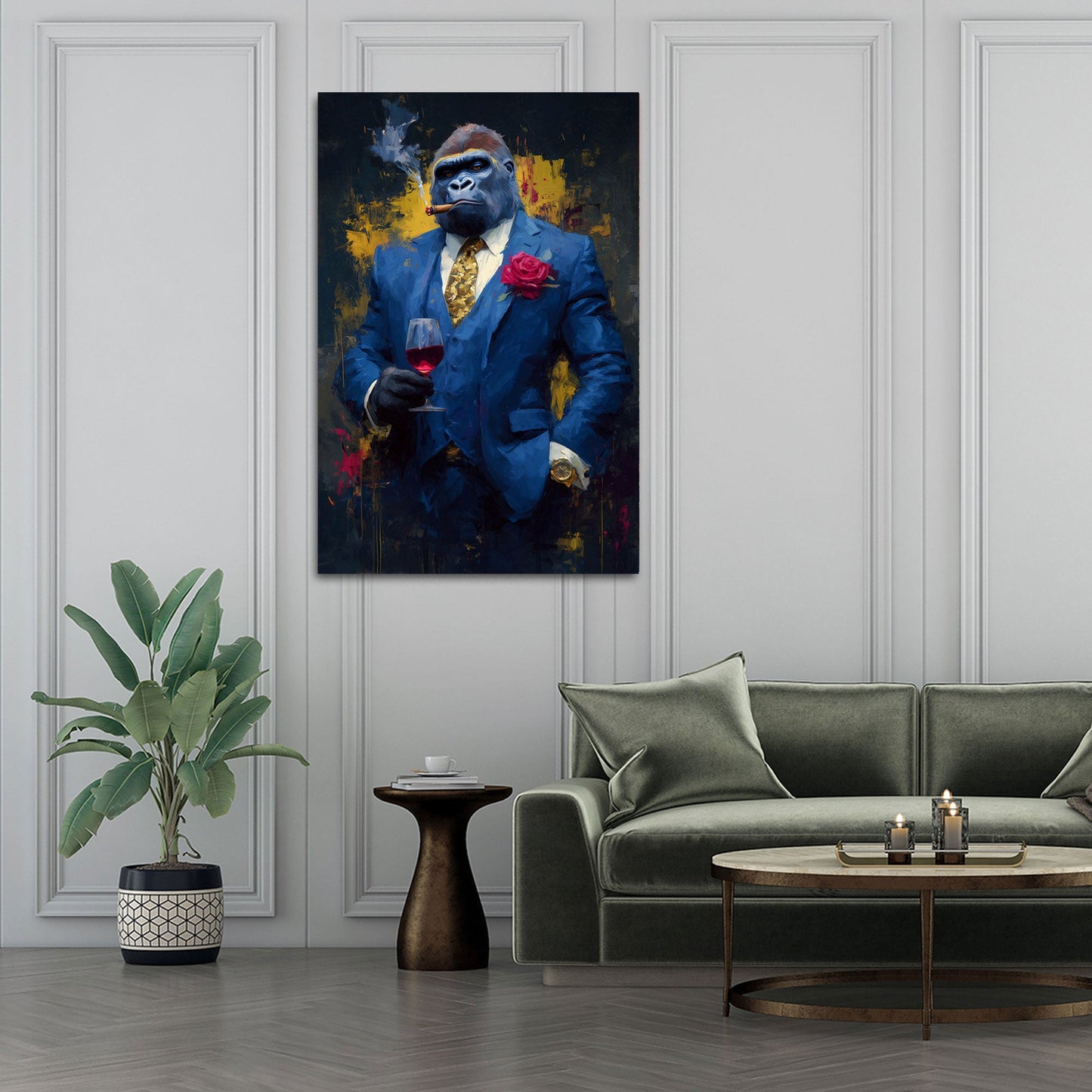 Gorilla in abito blu di lusso con vino e sigaro quadro