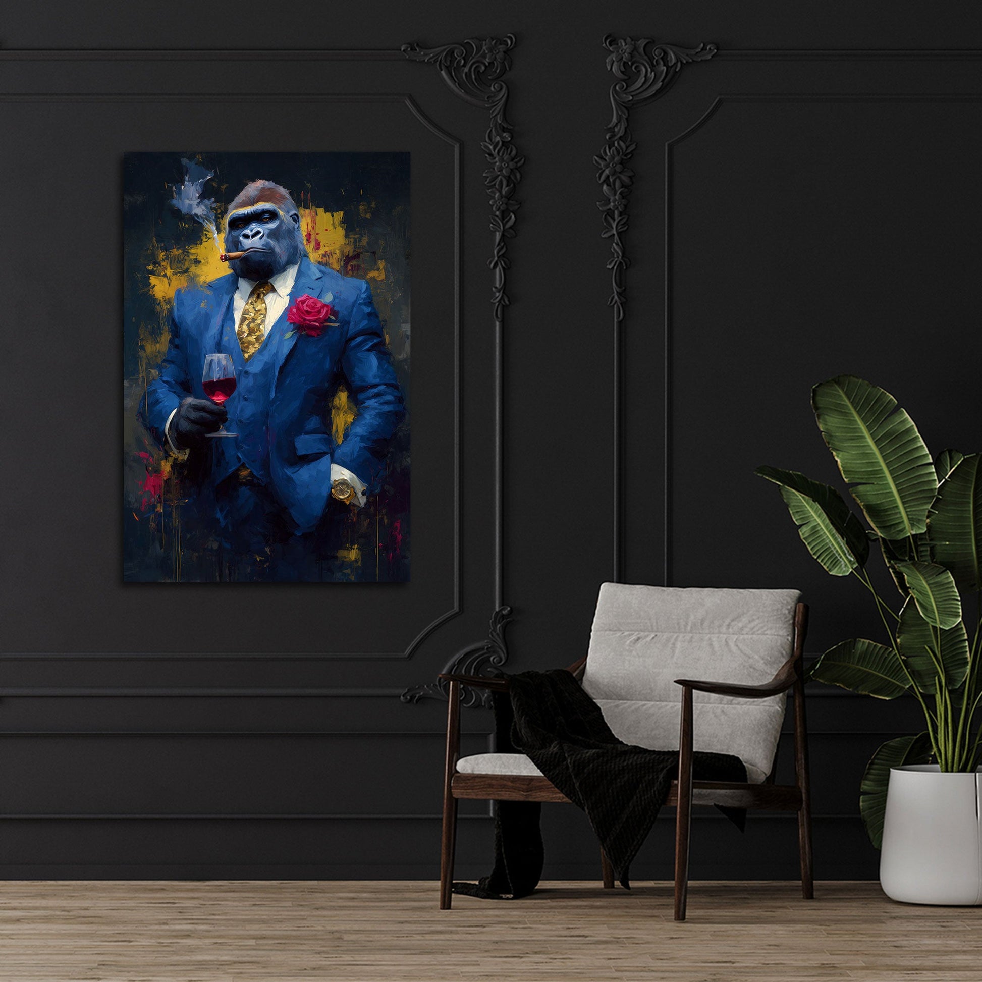 Gorilla in abito blu di lusso con vino e sigaro quadro
