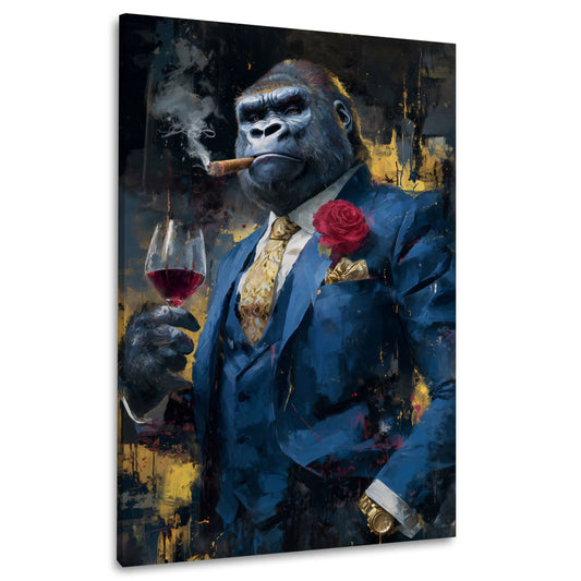 Gorilla in abito blu elegante con vino e sigaro quadro