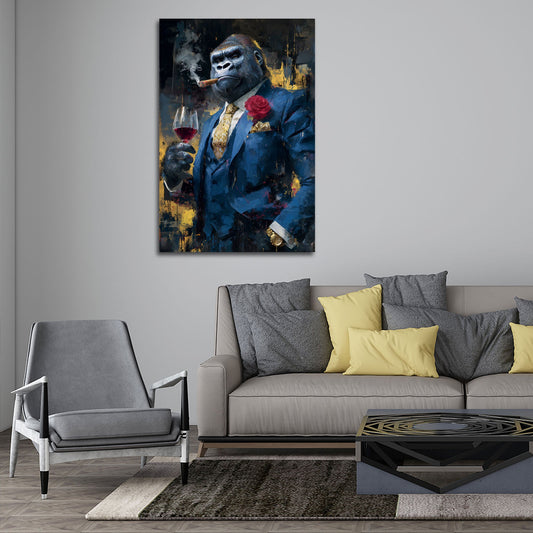 Gorilla in abito blu elegante con vino e sigaro quadro
