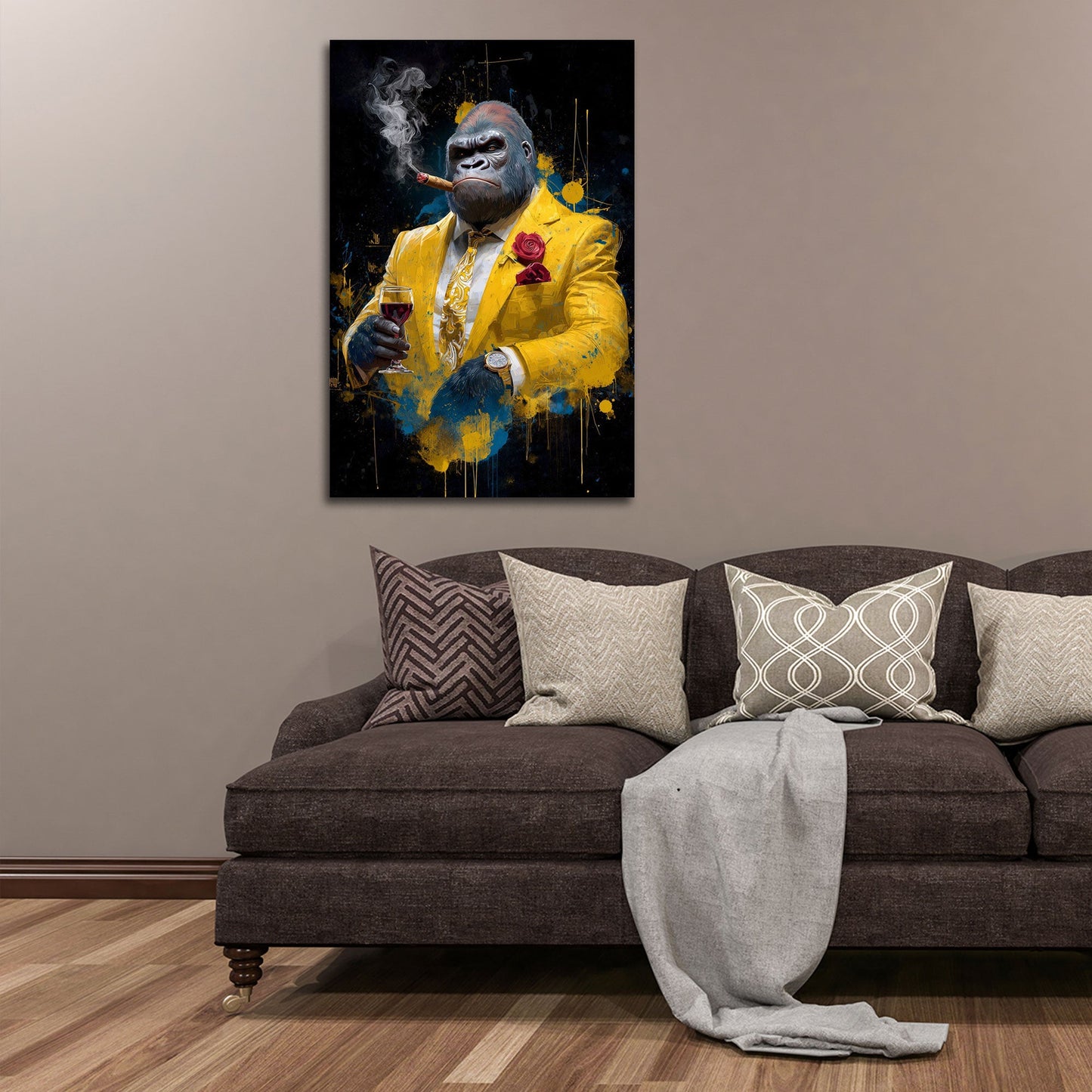 Gorilla in abito dorato con vino e sigaro pop art quadro