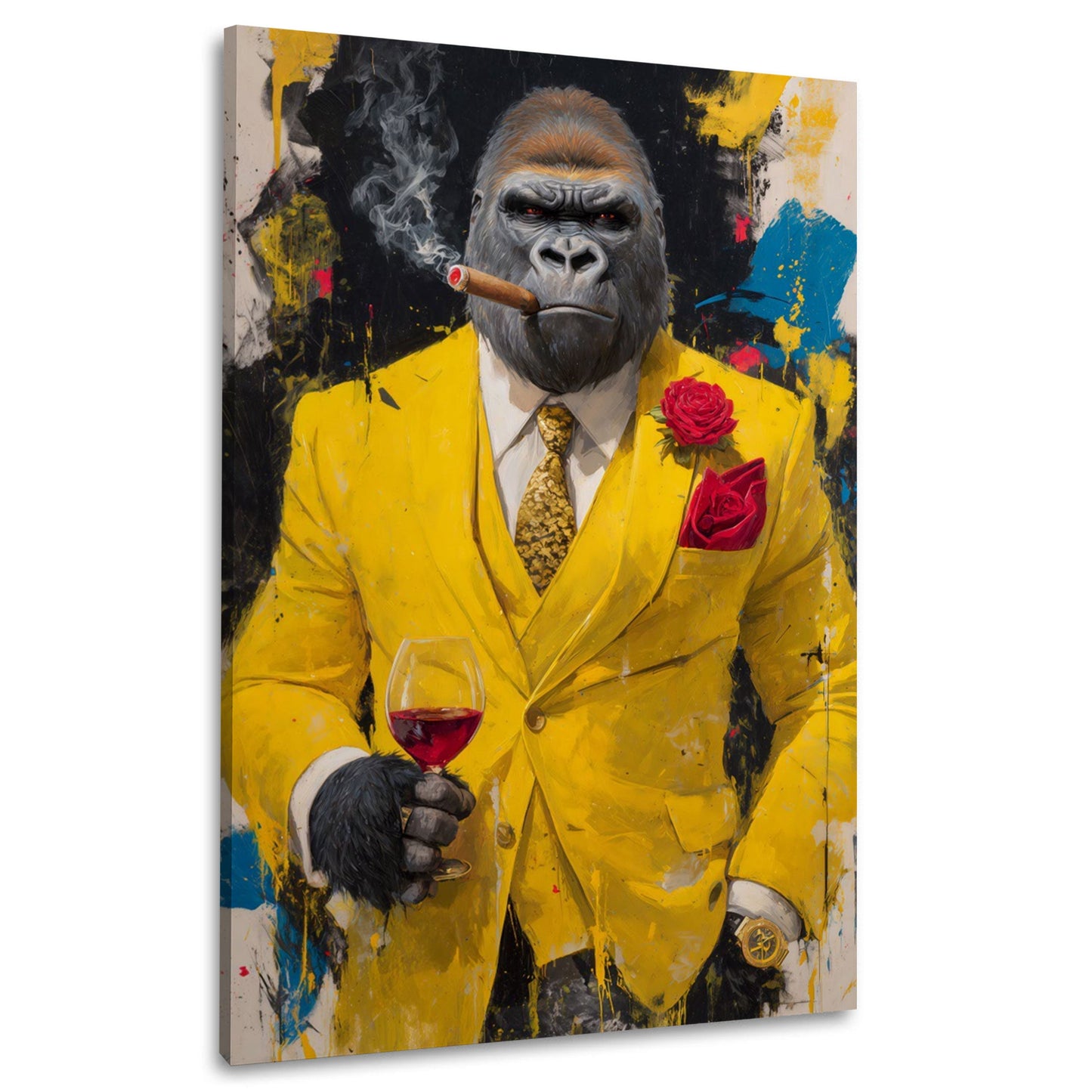 Gorilla in abito giallo di lusso con vino e sigaro quadro