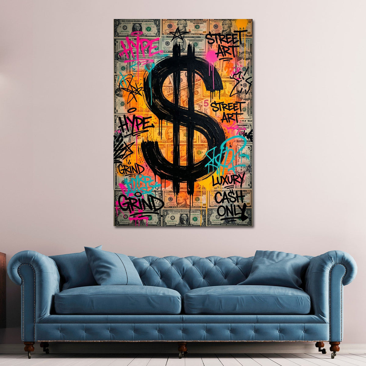 Graffiti street art dollari quadro ambientato