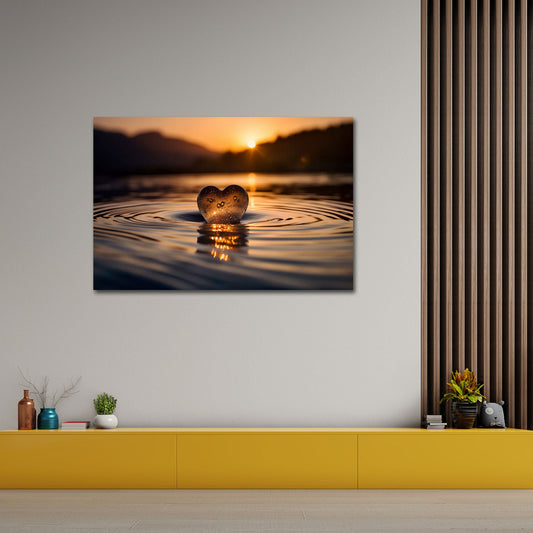 Cuore di vetro nell'acqua al tramonto dorato quadro