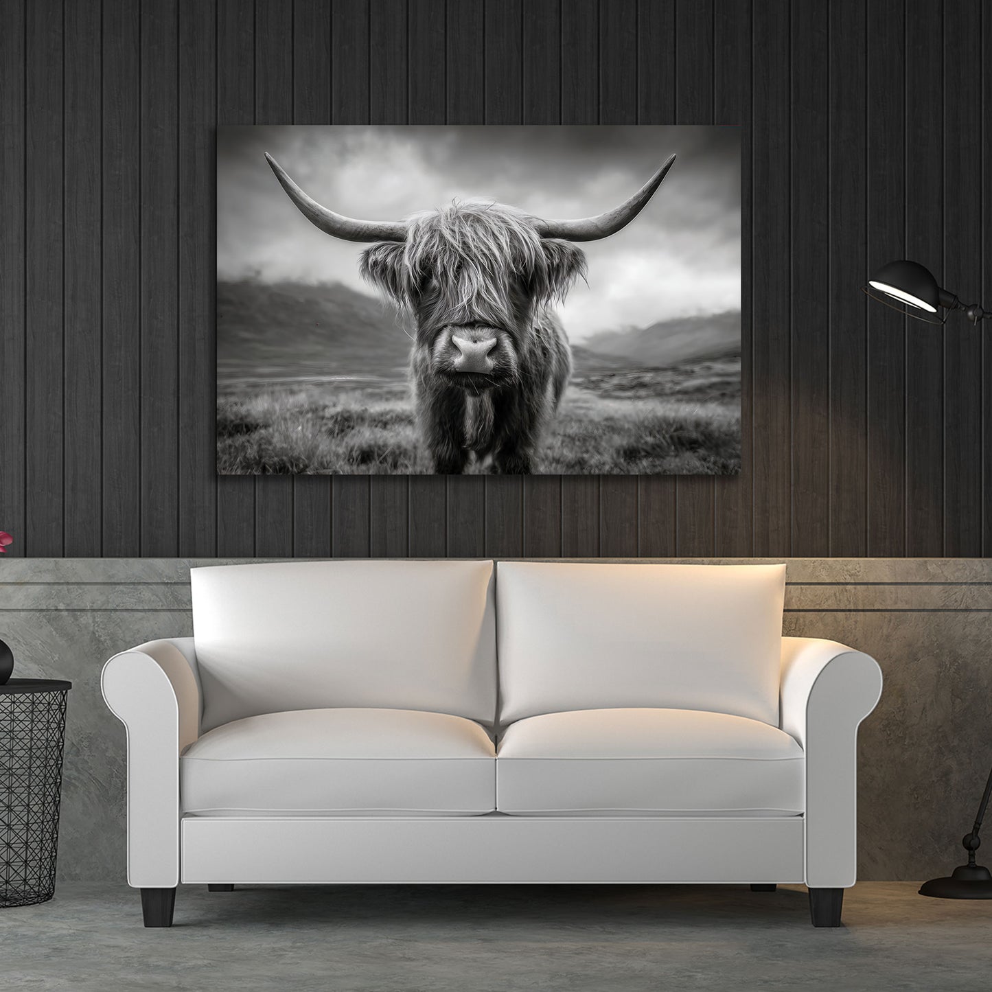 Highland mucca scozzese ritratto bianco nero corna quadro