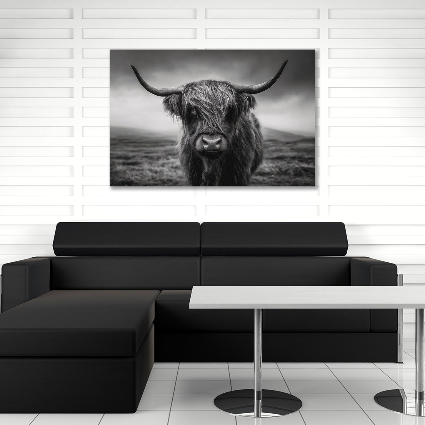 Highland mucca scozzese ritratto bianco nero corna quadro