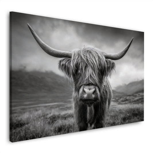 Highland mucca scozzese ritratto bianco nero corna quadro