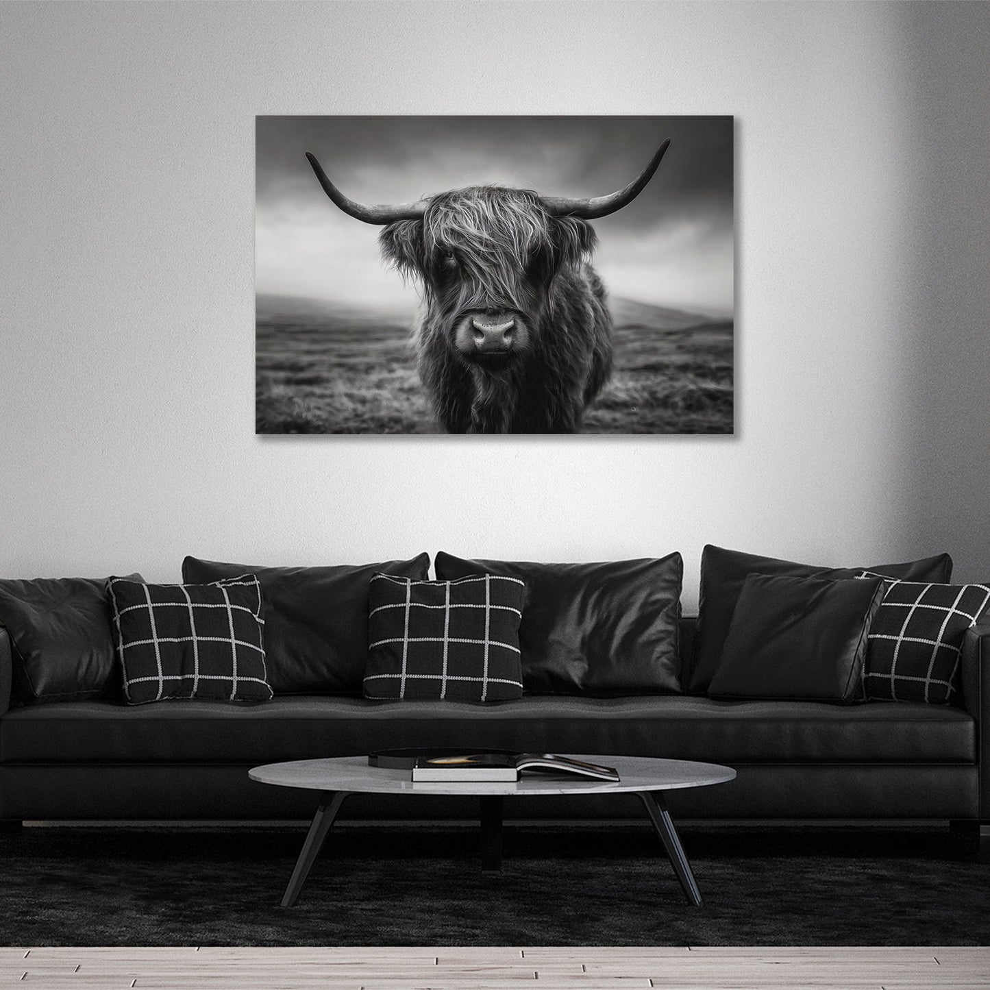 Highland mucca scozzese ritratto bianco nero corna quadro