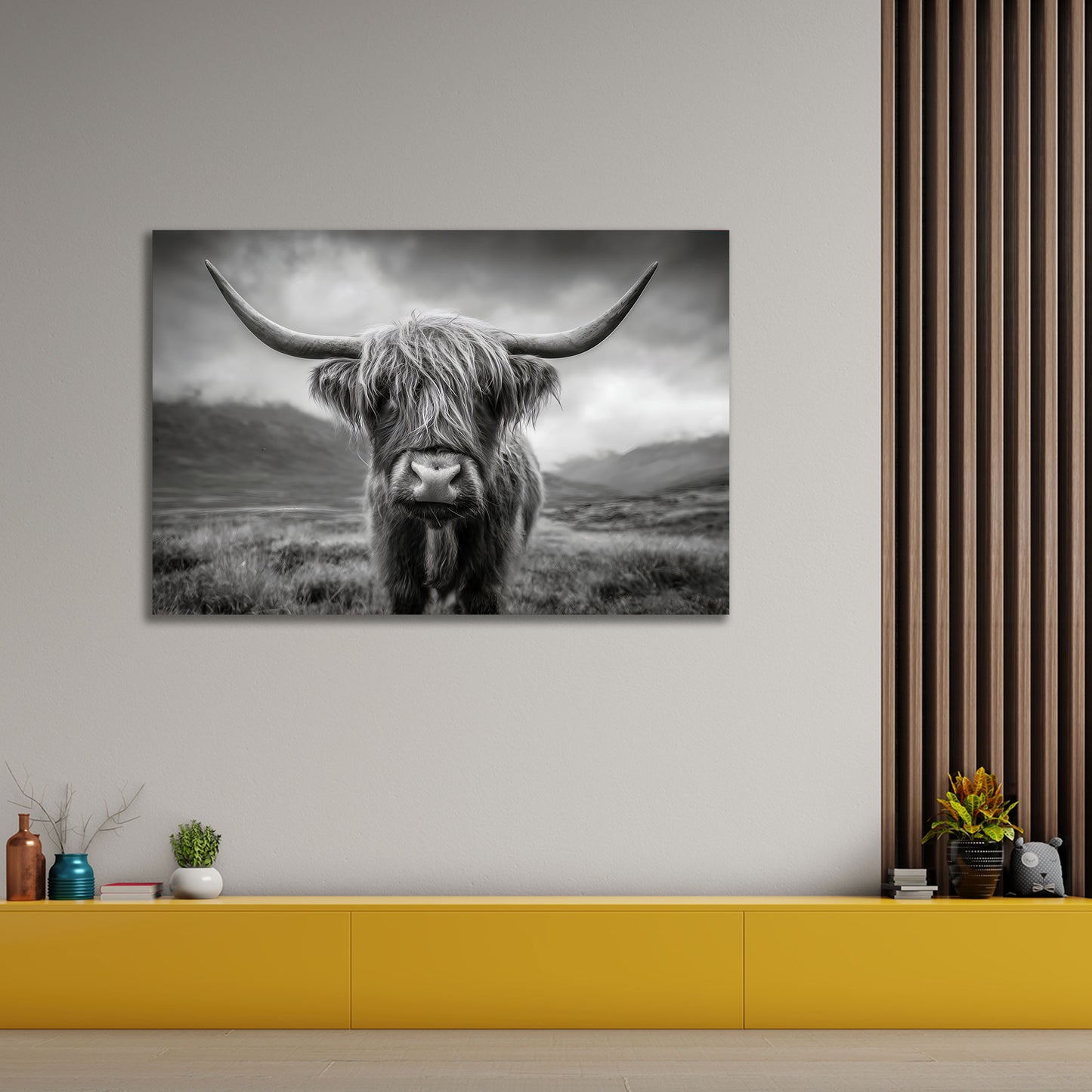 Highland mucca scozzese ritratto bianco nero corna quadro