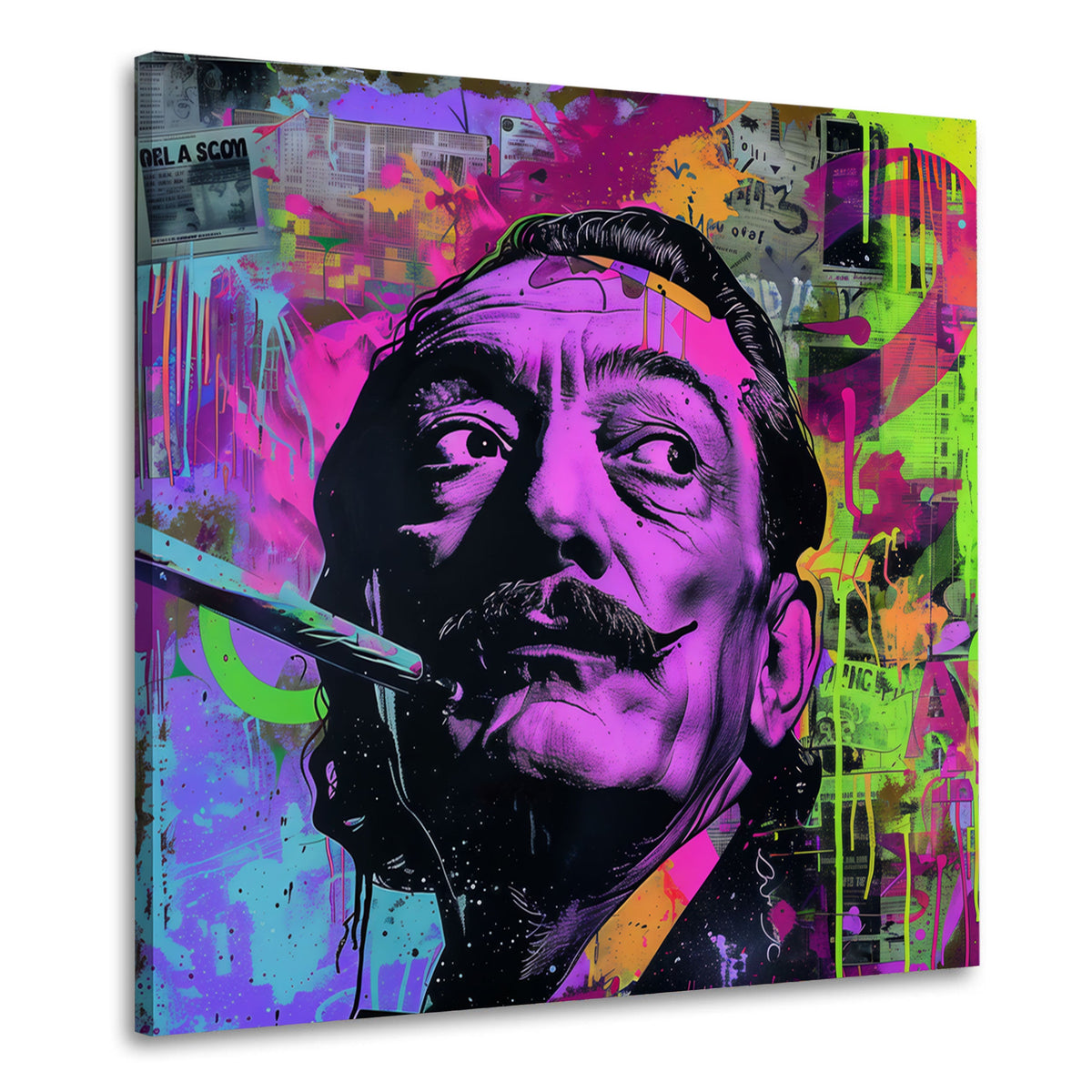 Il surrealista Dalí con pennello in viola e verde neon quadro