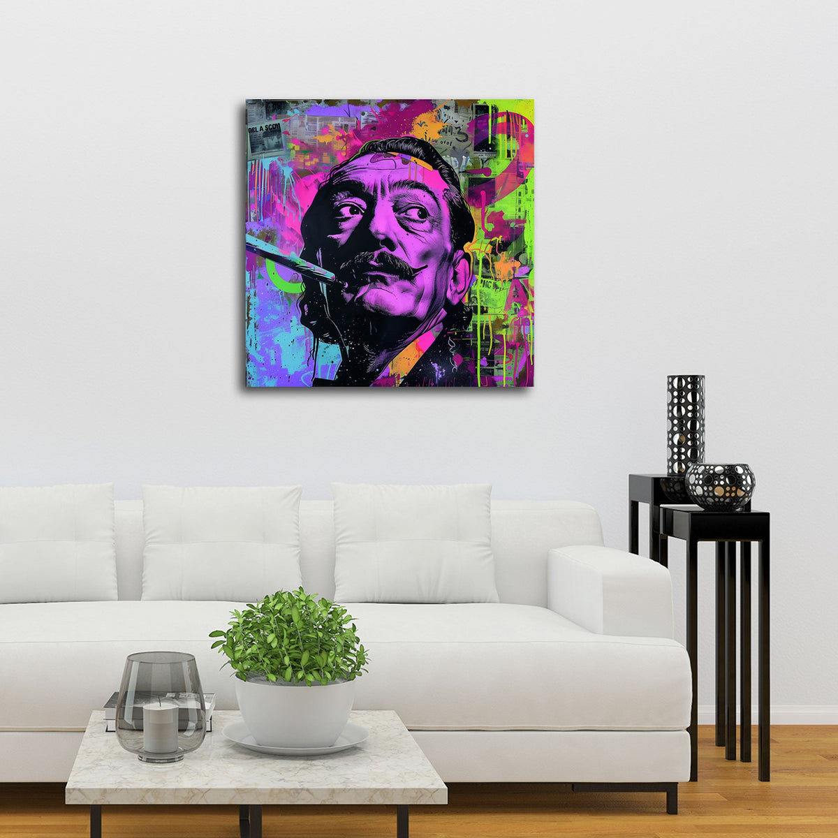 Il surrealista Dalí con pennello in viola e verde neon quadro