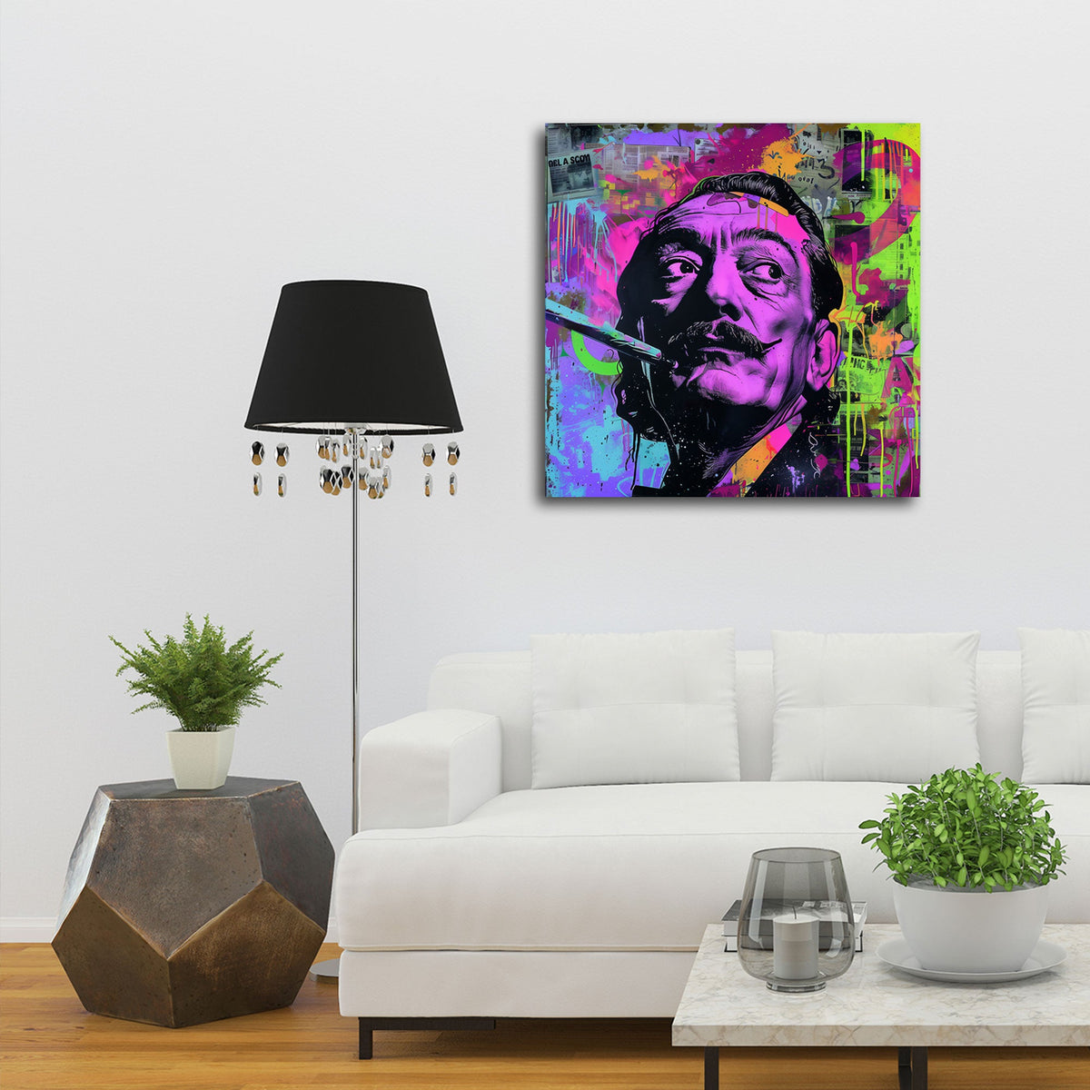 Il surrealista Dalí con pennello in viola e verde neon quadro