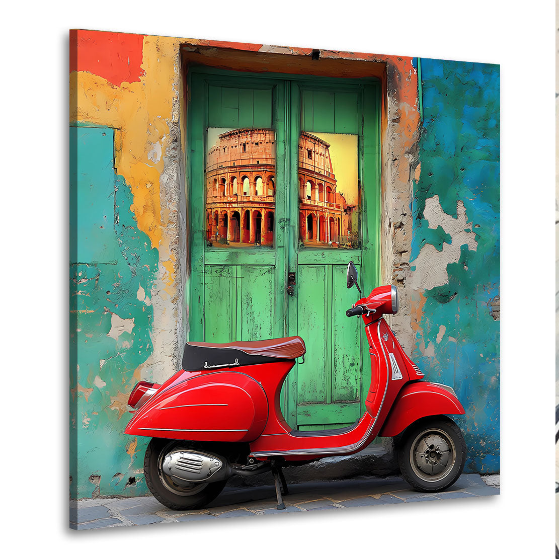 Italia vespa rossa muro colorato colosseo finestra quadro