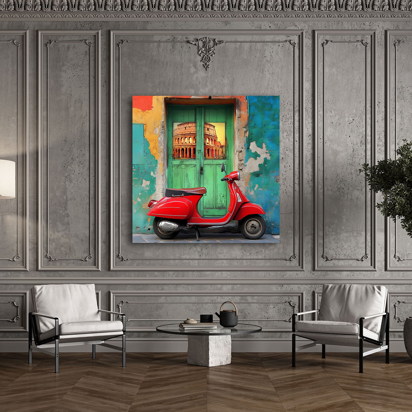 Italia vespa rossa muro colorato colosseo finestra quadro