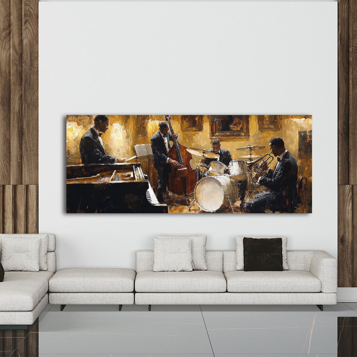 Jazz strumenti contrabbasso pianoforte tromba quadro