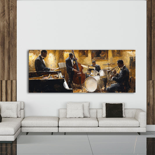 Jazz strumenti contrabbasso pianoforte tromba quadro