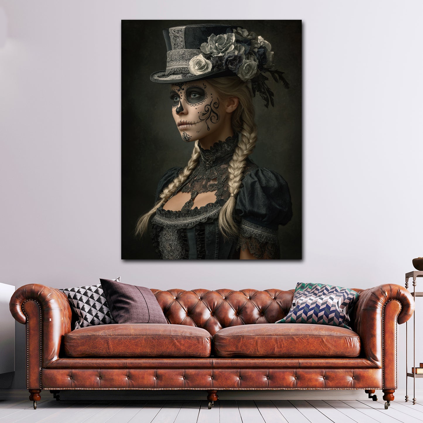 La Catrina donna elegante con cappello fiori stile quadro