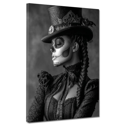 La Catrina ritratto bianco nero con cappello e treccia quadro
