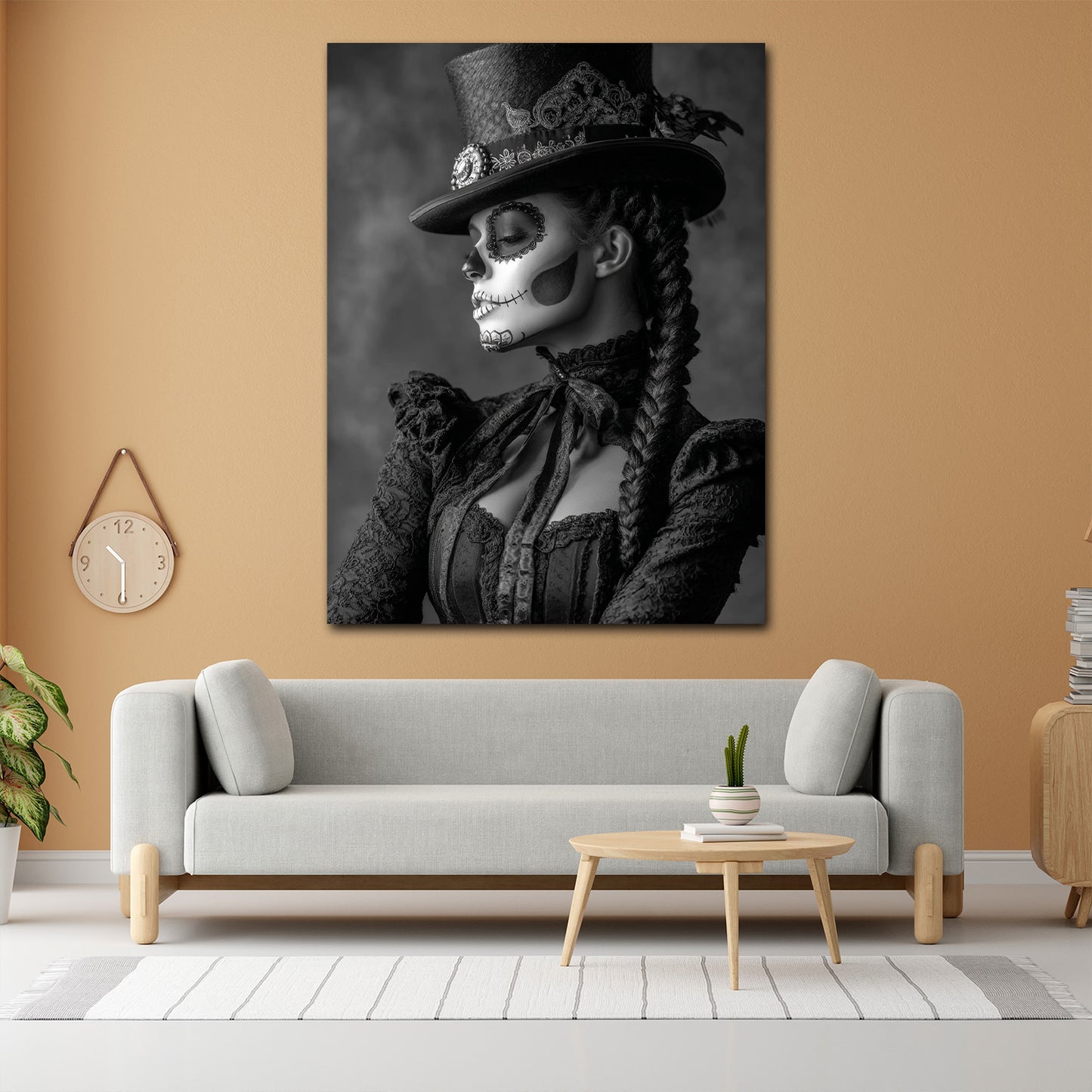 La Catrina ritratto bianco nero con cappello e treccia quadro