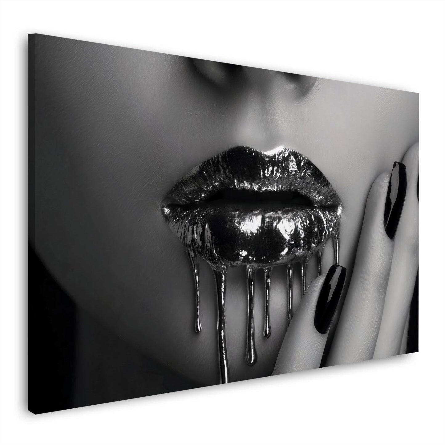 Labbra argento lucide in bianco nero con colore fluido quadro