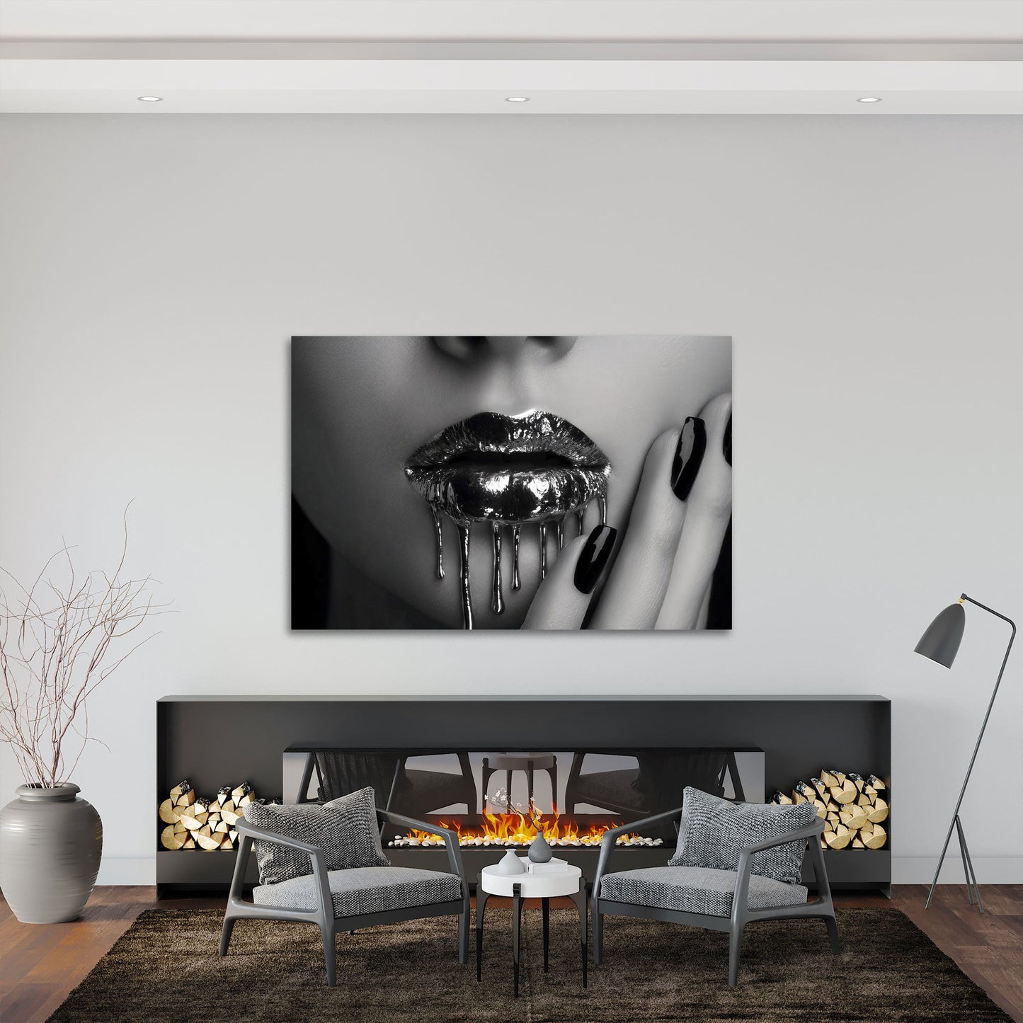 Labbra argento lucide in bianco nero con colore fluido quadro