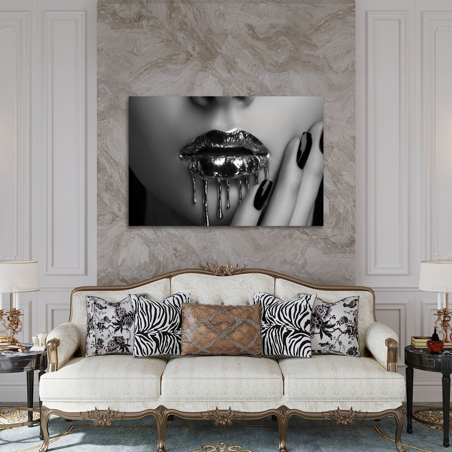 Labbra argento lucide in bianco nero con colore fluido quadro