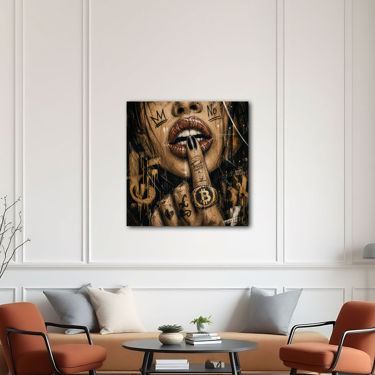 Labbra con simbolo Bitcoin oro in stile Street Art quadro
