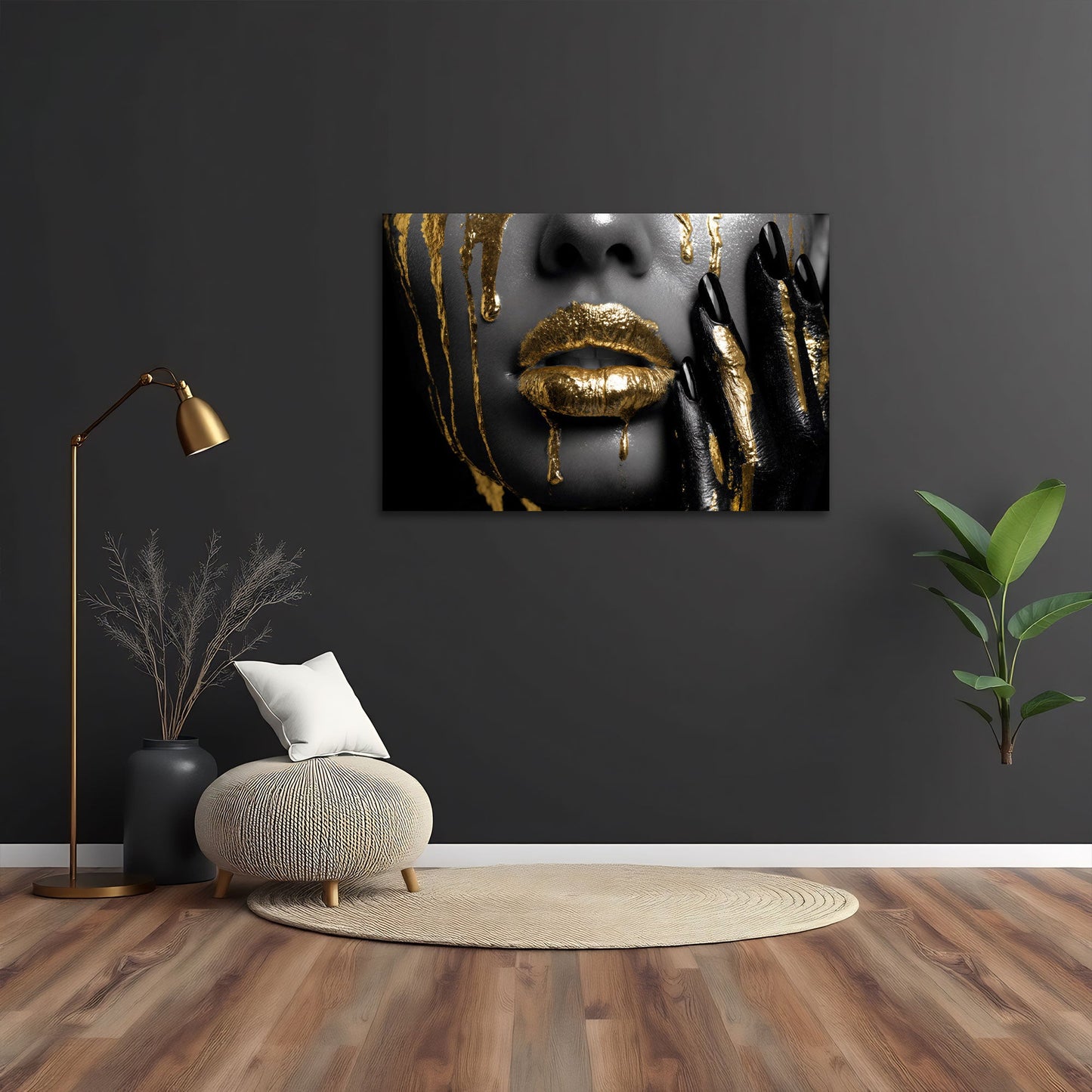 Labbra dorate di donna con colore fluido e stile elegante quadro