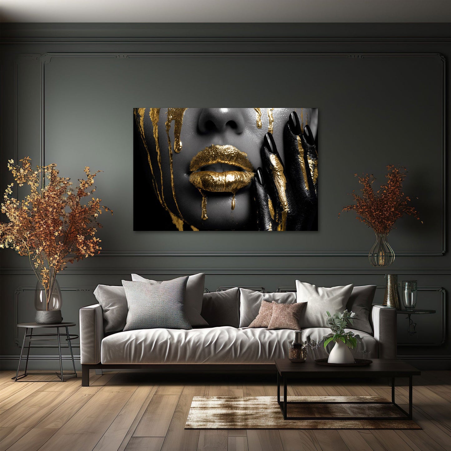 Labbra dorate di donna con colore fluido e stile elegante quadro