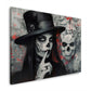 Lady gothic con cilindro accanto a un teschio in rosso quadro