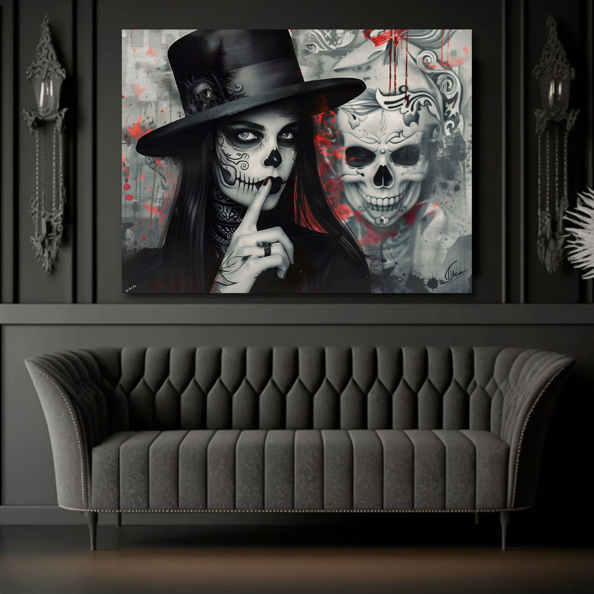 Lady gothic con cilindro accanto a un teschio in rosso quadro