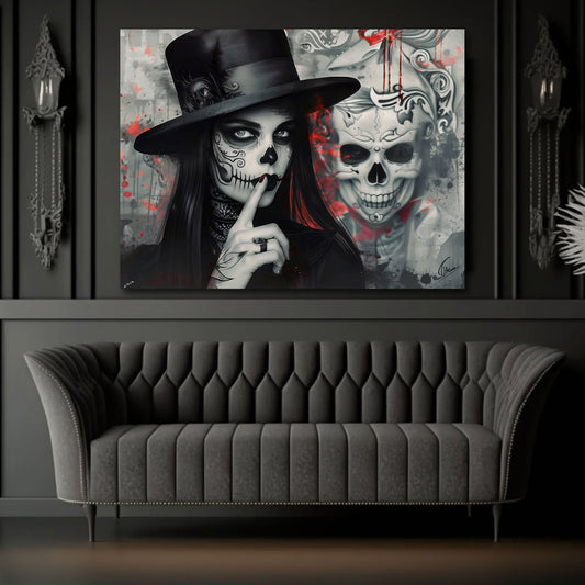 Lady gothic con cilindro accanto a un teschio in rosso quadro