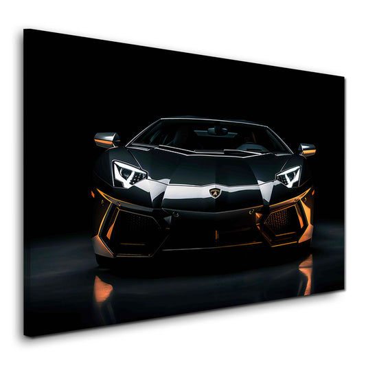 Lamborghini Aventador auto di lusso nero con dettagli arancioni quadro