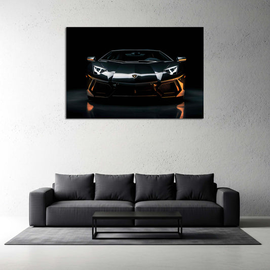 Lamborghini Aventador auto di lusso nero con dettagli arancioni quadro